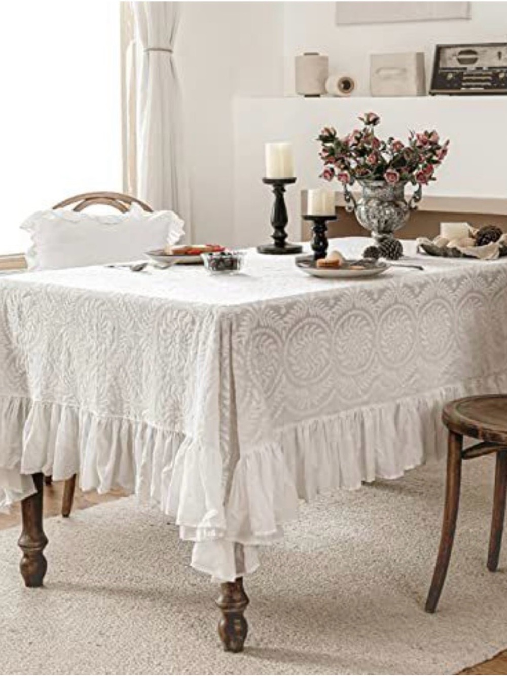 White Embroidered Ruffled Tablecloth - Classic Dining Linen - Picture 2 of 3